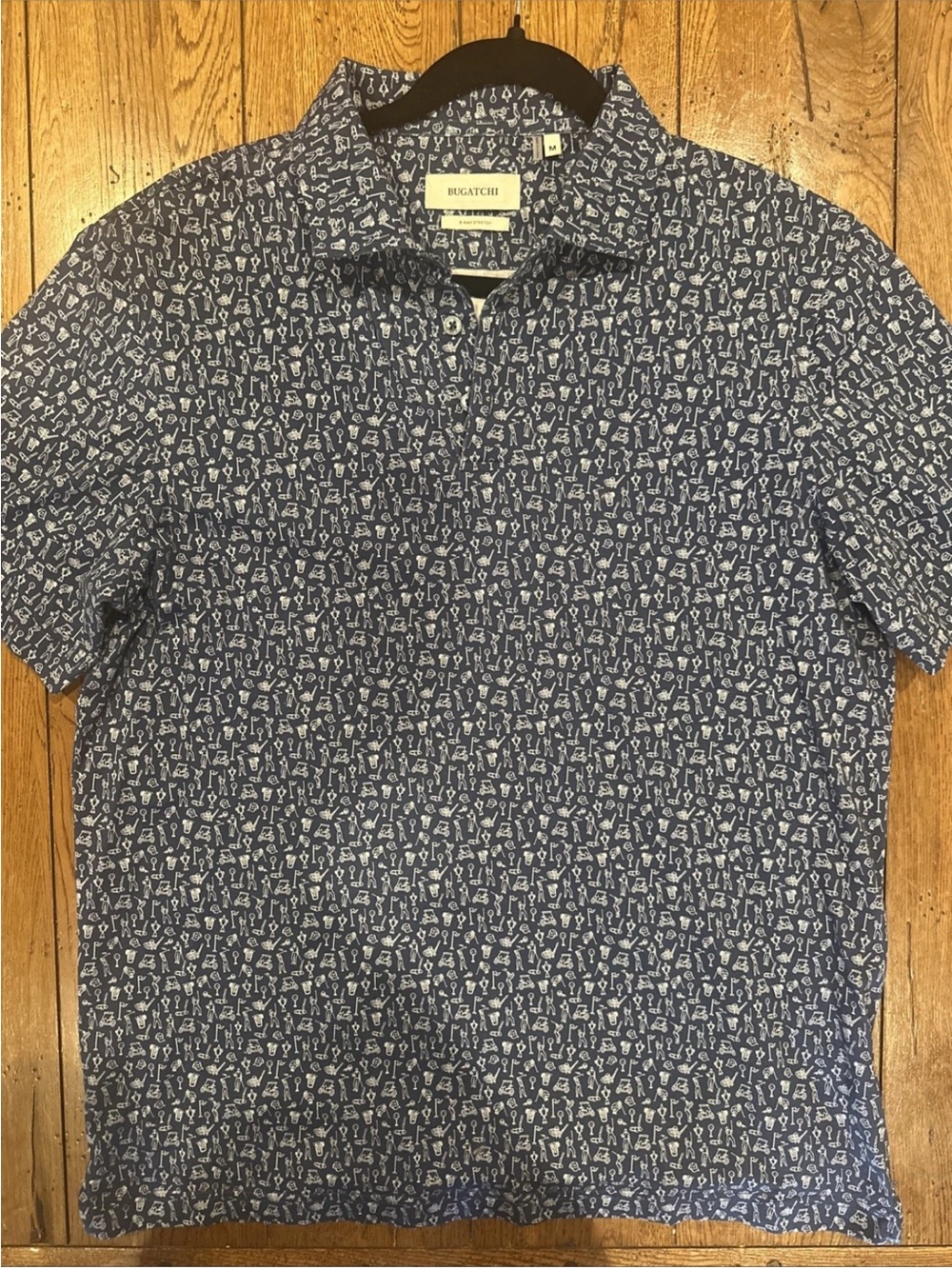 Bugatchi Men’s M Navy Golf Print 8-Way Stretch Short Sleeve Polo Shirt
